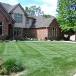 Striped lawn in front of a brick home with flower beds